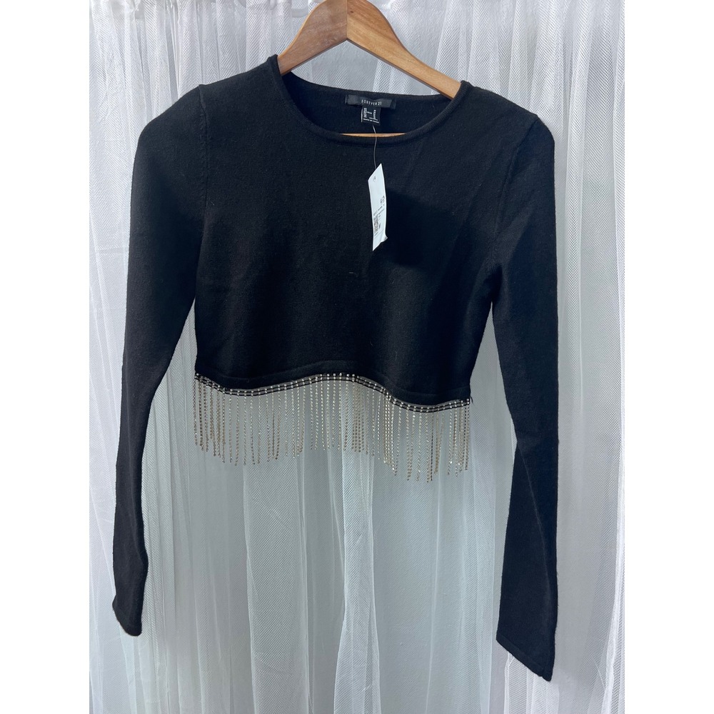 Forever 21 Womens Black Cropped Long Sleeve Sweater Rhinestone Fringe Hem M